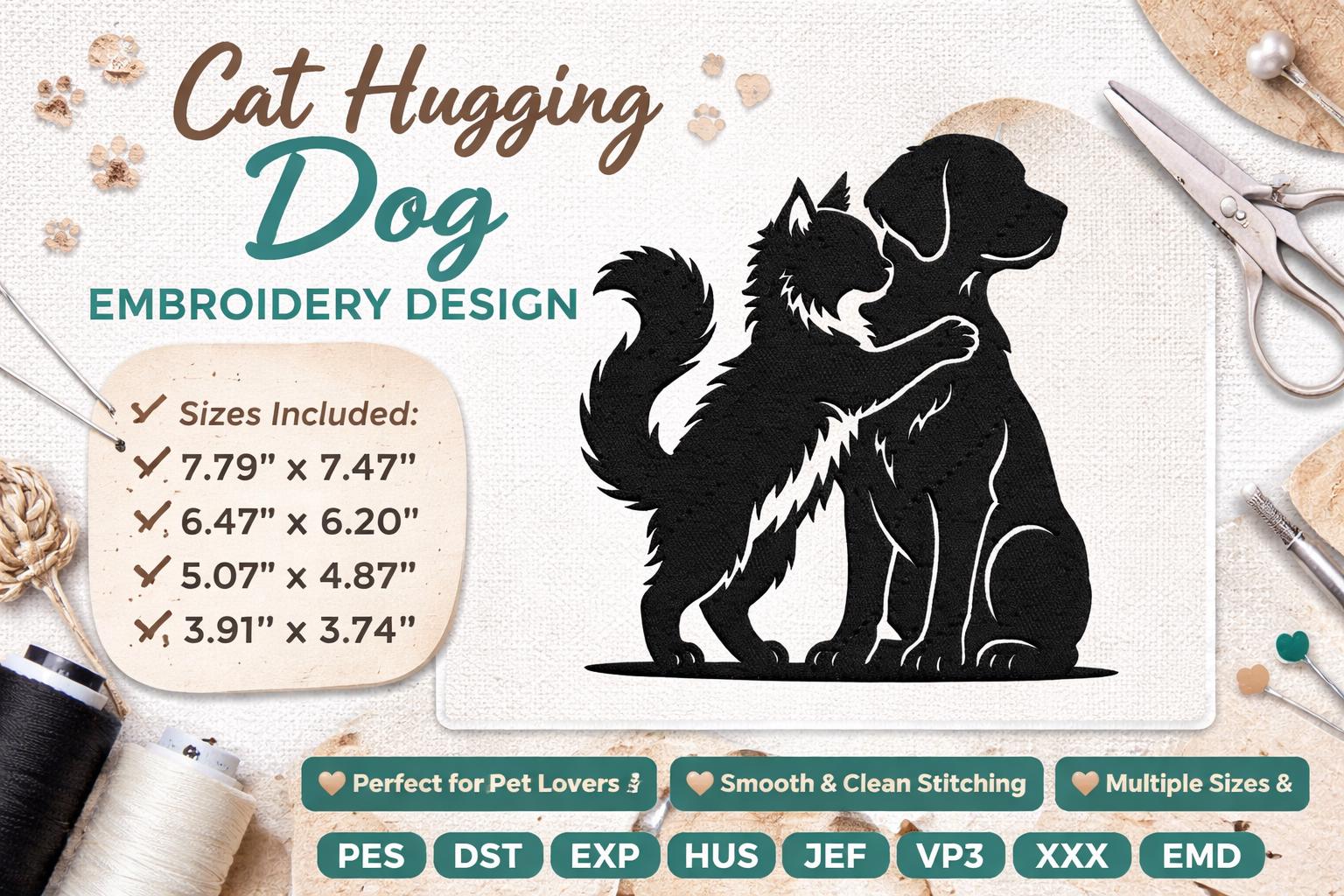 Cat Hugging Dog Embroidery Design Pet Love Animal Silhouette Embroidery File (Digital Download) - Image 2