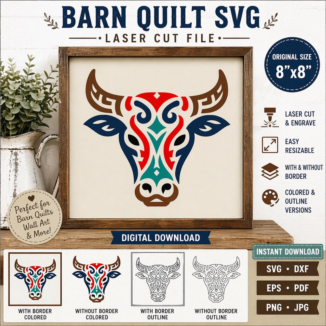 Bull Head Barn Quilt SVG, Farmhouse Laser Cut Pattern, Western Wall Art (Digital Download)