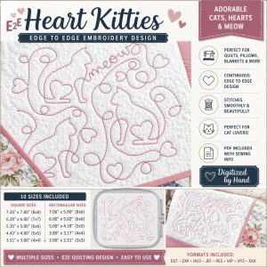 Heart Kitties Embroidery Design, Continuous Line E2E Cats & Meow Quilting Block Pattern (Digital Download)