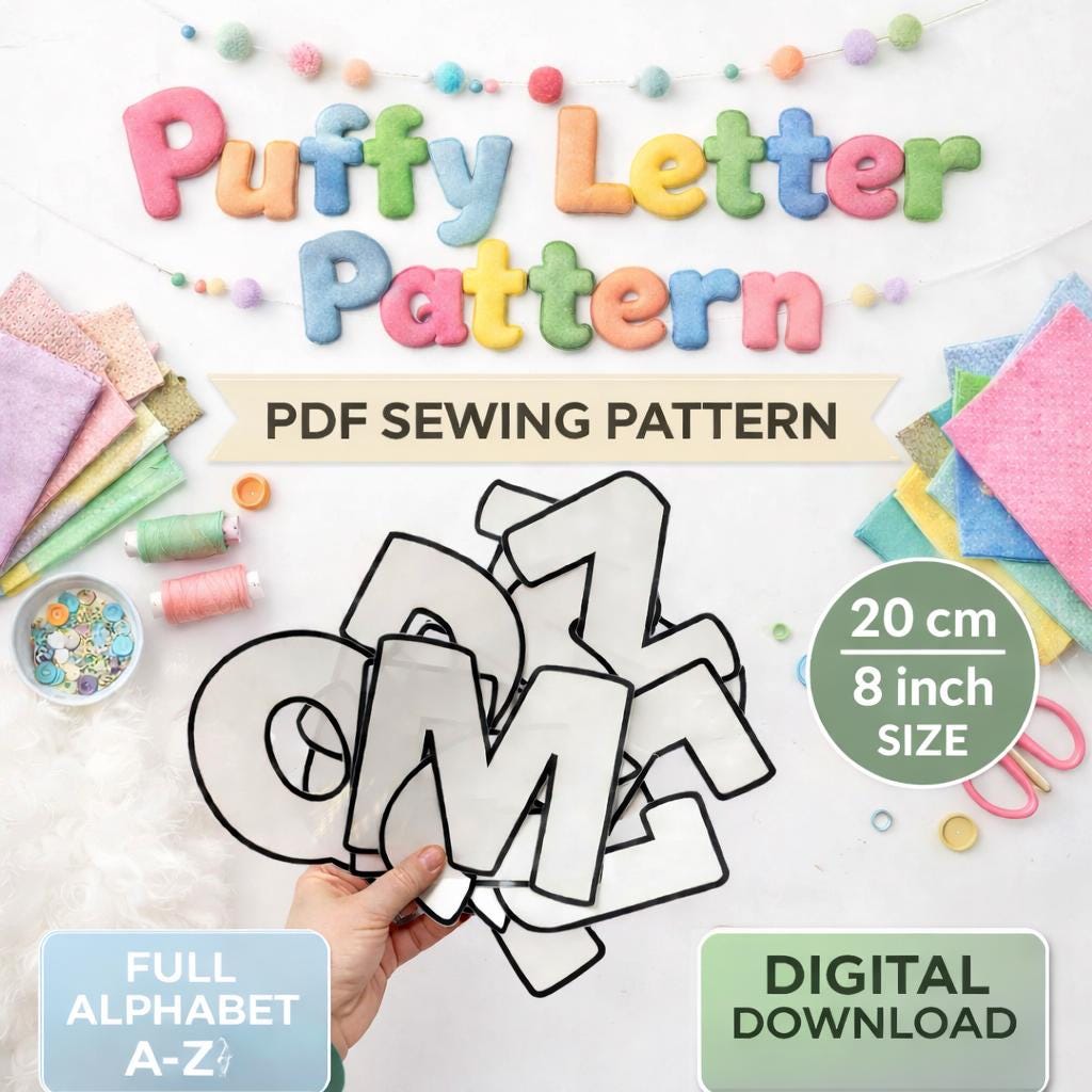 Puffy Letter Sewing Pattern, Numbers and Alphabet Garland, Nursery Decor , 8" (20Cm) (PDF Download)