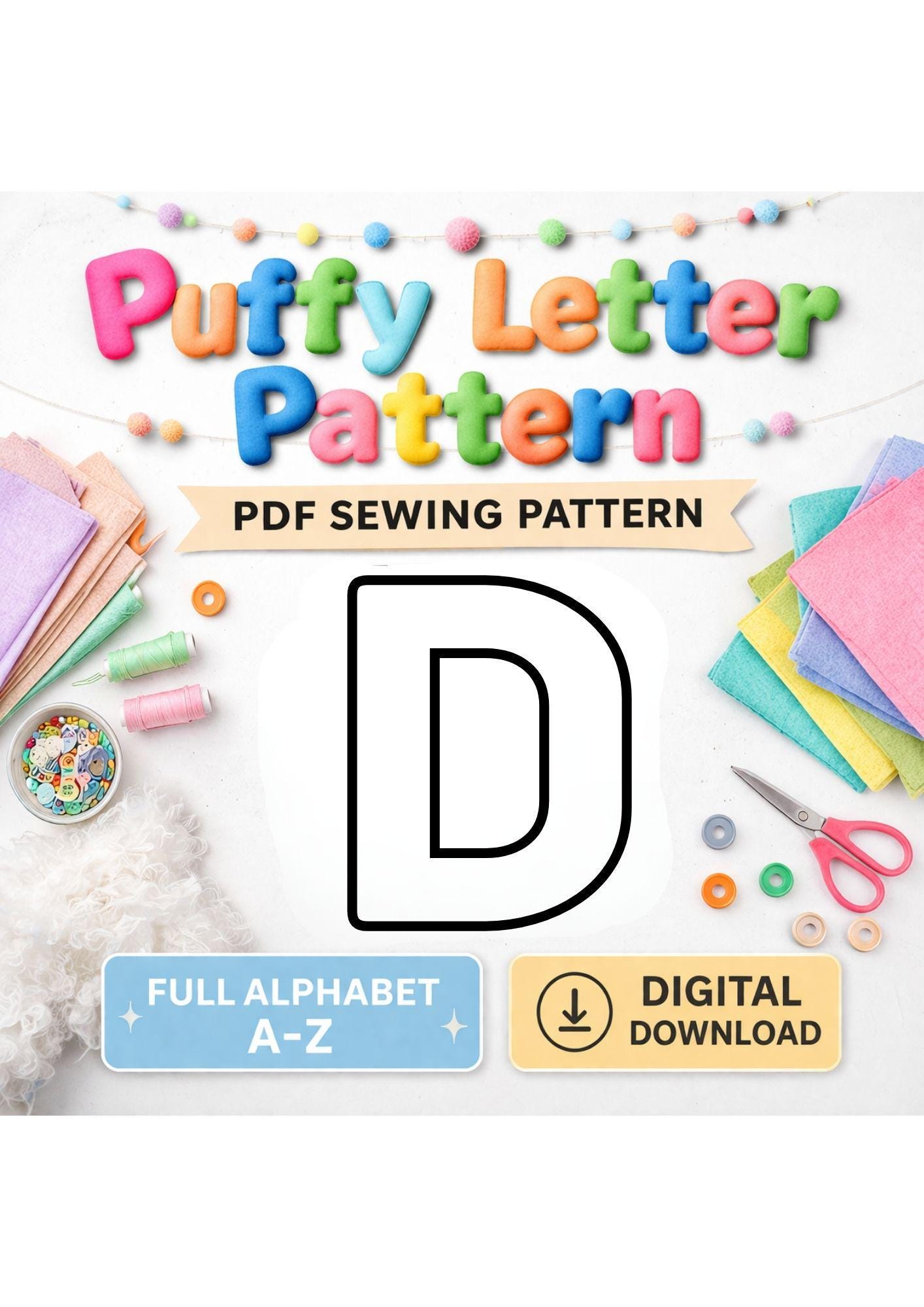 Puffy Letter Sewing Pattern, Numbers and Alphabet Garland, Nursery Decor , 8" (20Cm) (PDF Download) - Image 3
