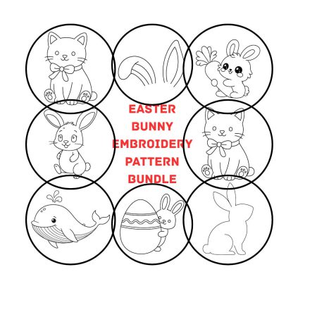 Easter Bunny Embroidery Pattern Bundle: Cat, Whale Designs | 3 hoop sizes | (Digital Download)