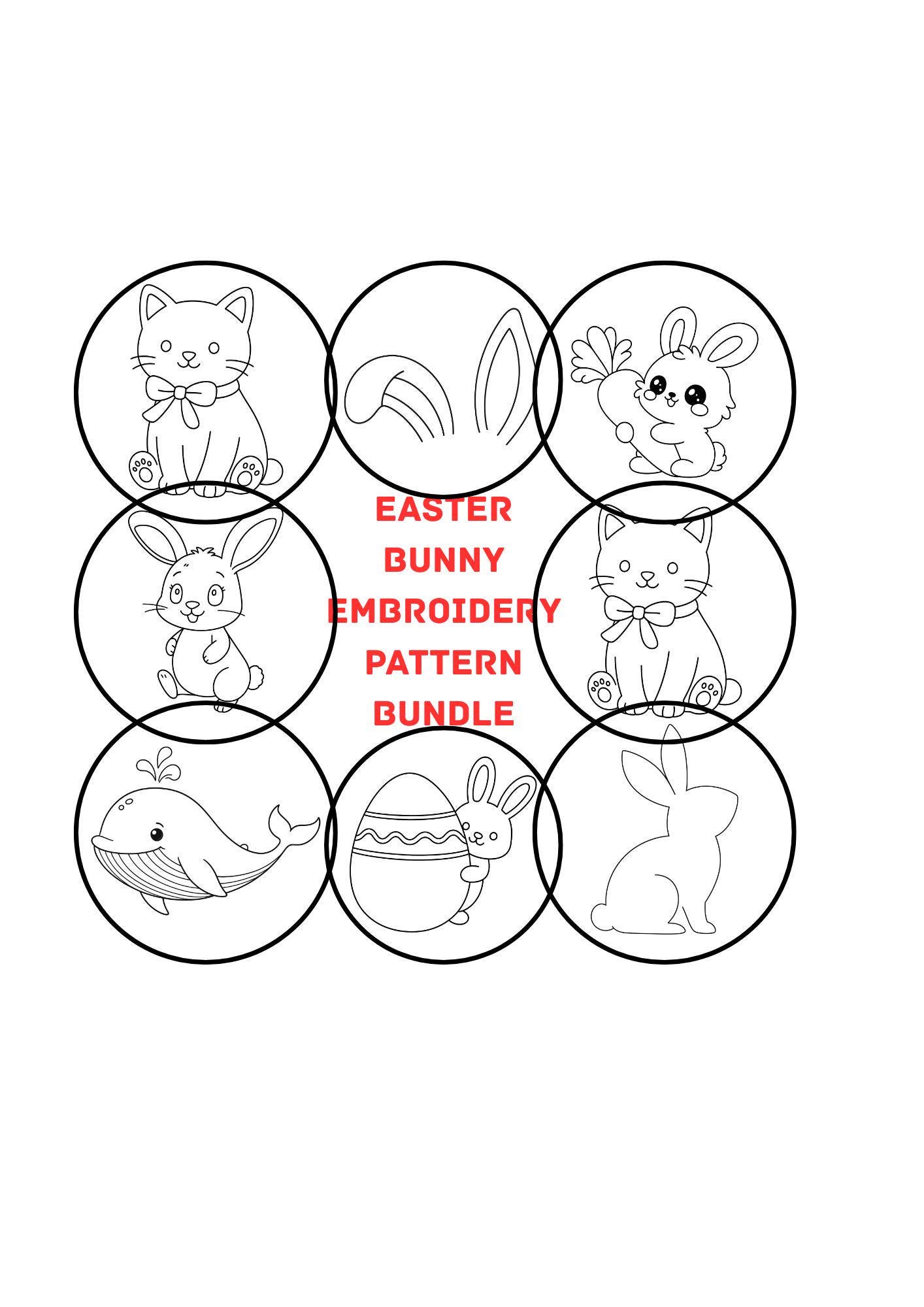 Easter Bunny Embroidery Pattern Bundle: Cat, Whale Designs | 3 hoop sizes | (Digital Download)