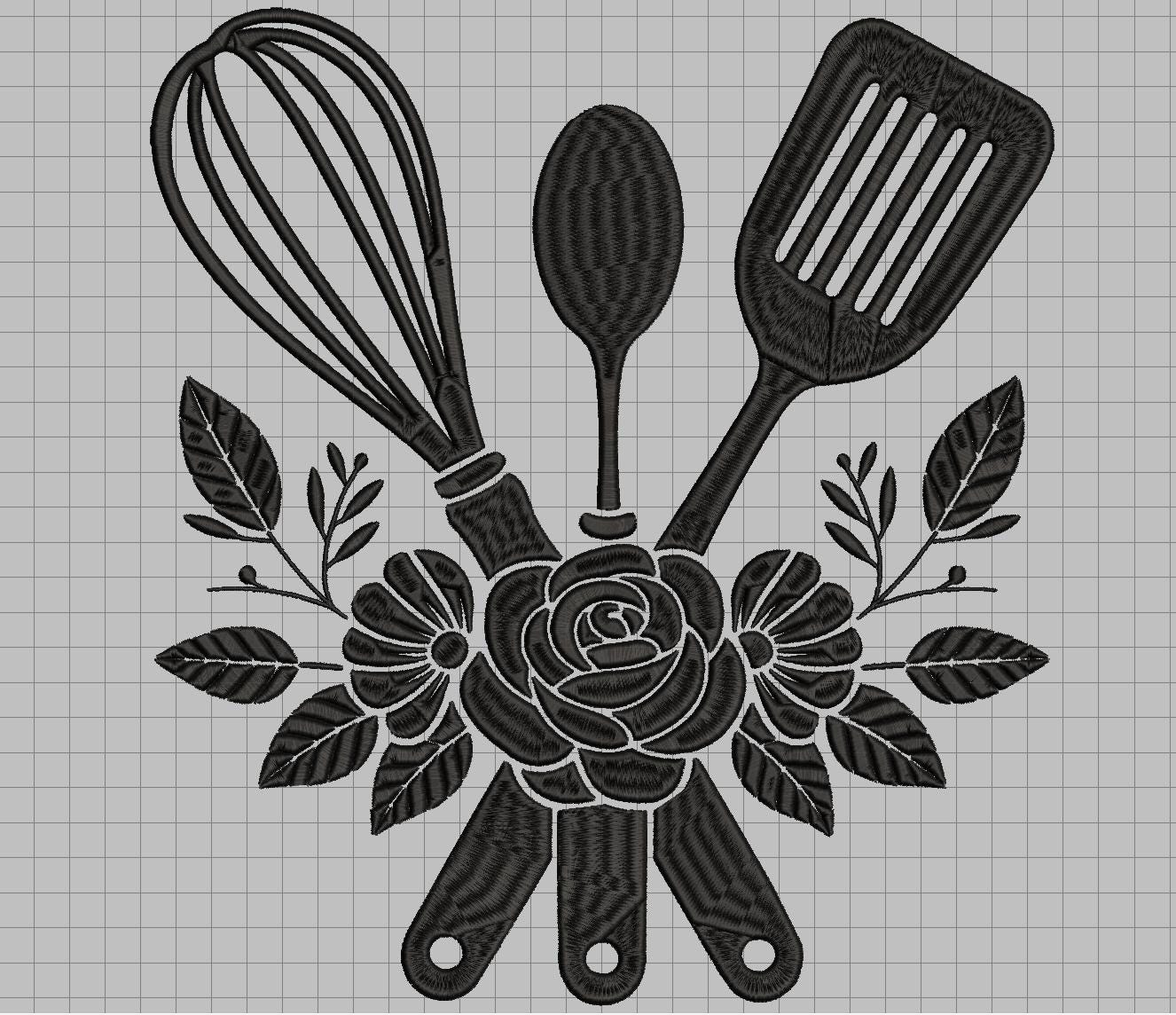 Floral Kitchen Utensils Embroidery Design – Single Color Whisk, Spoon, Spatula - Machine files (Digital Download) - Image 6