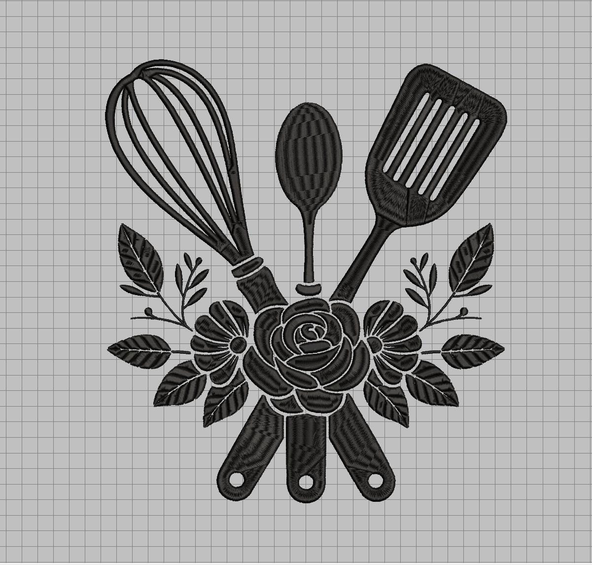 Floral Kitchen Utensils Embroidery Design – Single Color Whisk, Spoon, Spatula - Machine files (Digital Download) - Image 5