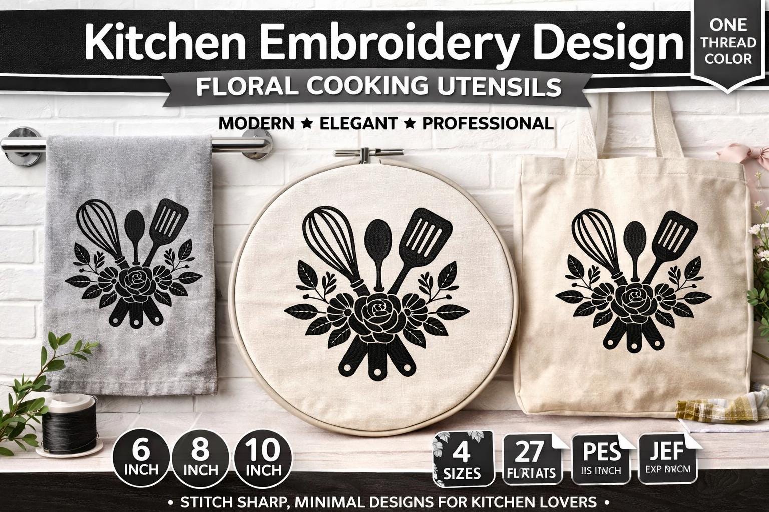 Floral Kitchen Utensils Embroidery Design – Single Color Whisk, Spoon, Spatula - Machine files (Digital Download) - Image 2