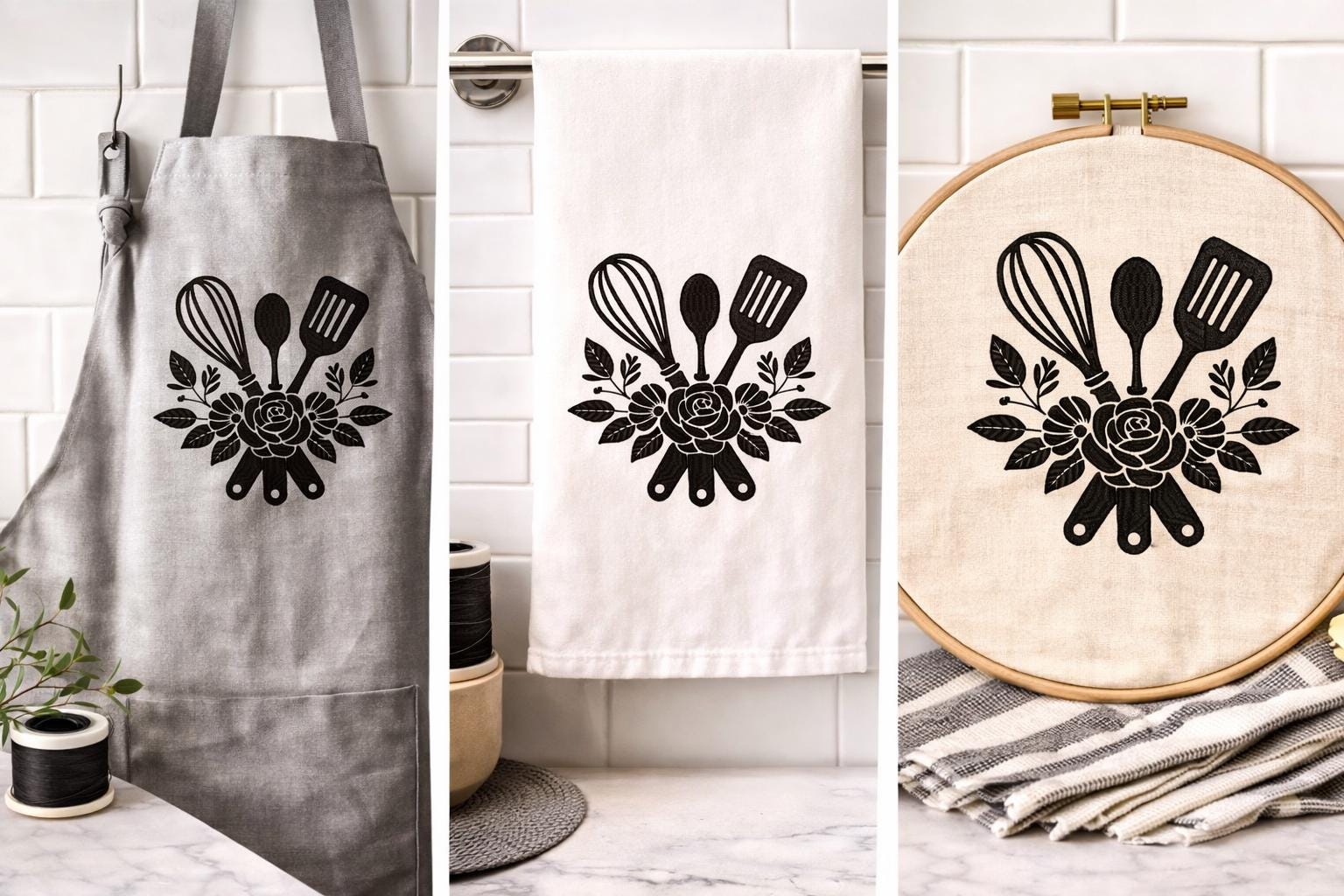 Floral Kitchen Utensils Embroidery Design – Single Color Whisk, Spoon, Spatula - Machine files (Digital Download) - Image 3