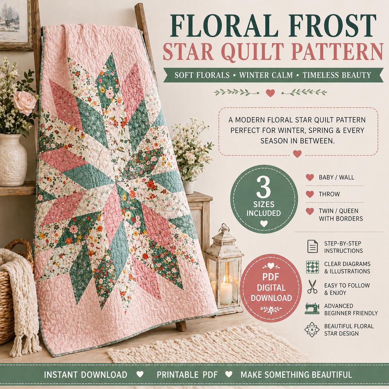 Floral Star Quilt Pattern – Modern Pastel Blossom Design (PDF Pattern) - Image 8