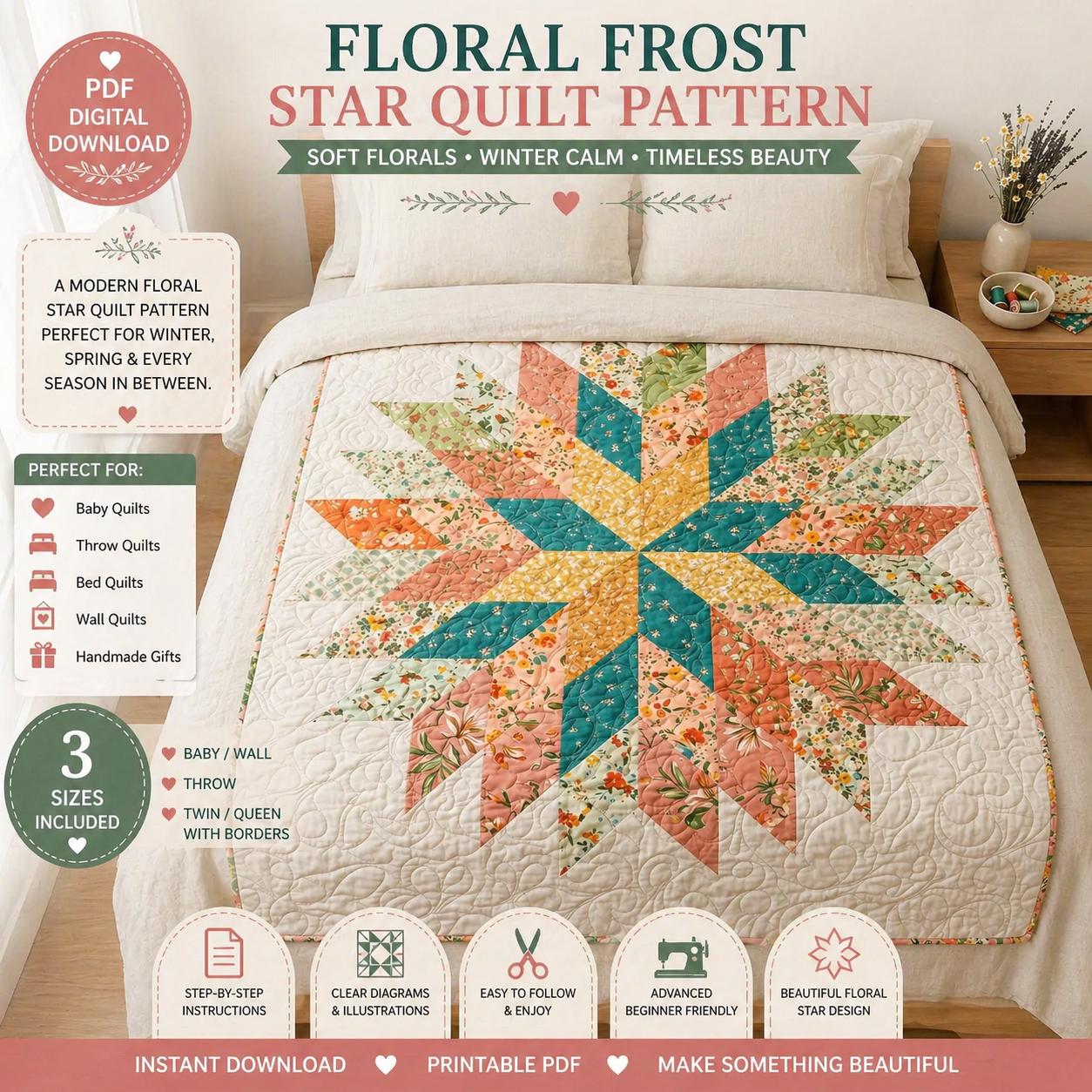 Floral Star Quilt Pattern – Modern Pastel Blossom Design (PDF Pattern) - Image 2
