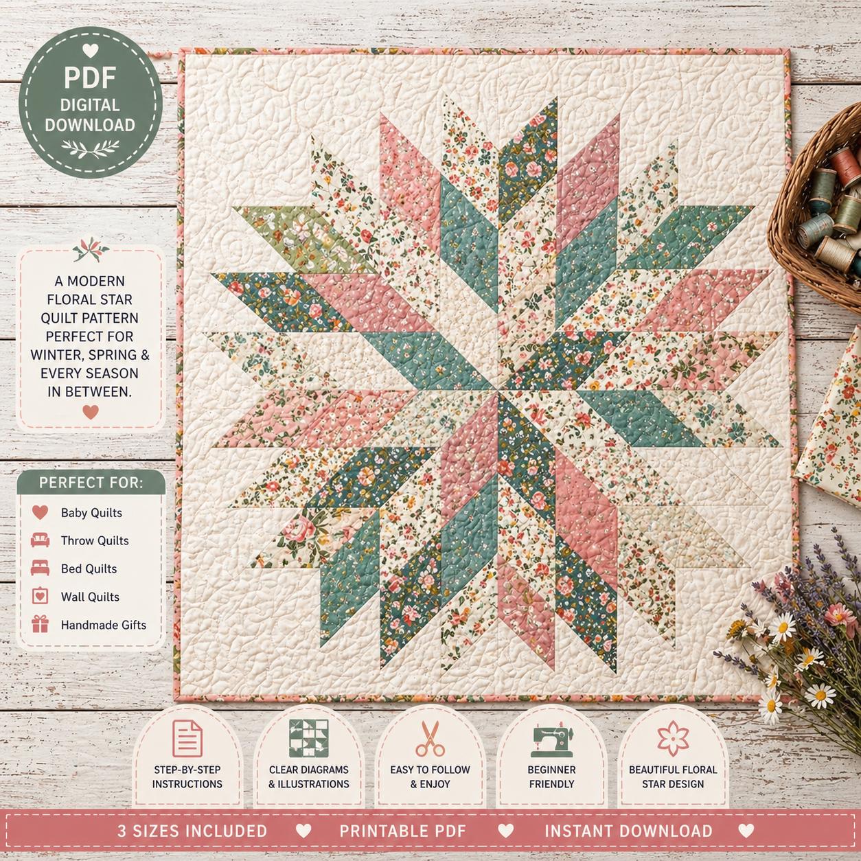 Floral Star Quilt Pattern – Modern Pastel Blossom Design (PDF Pattern) - Image 3
