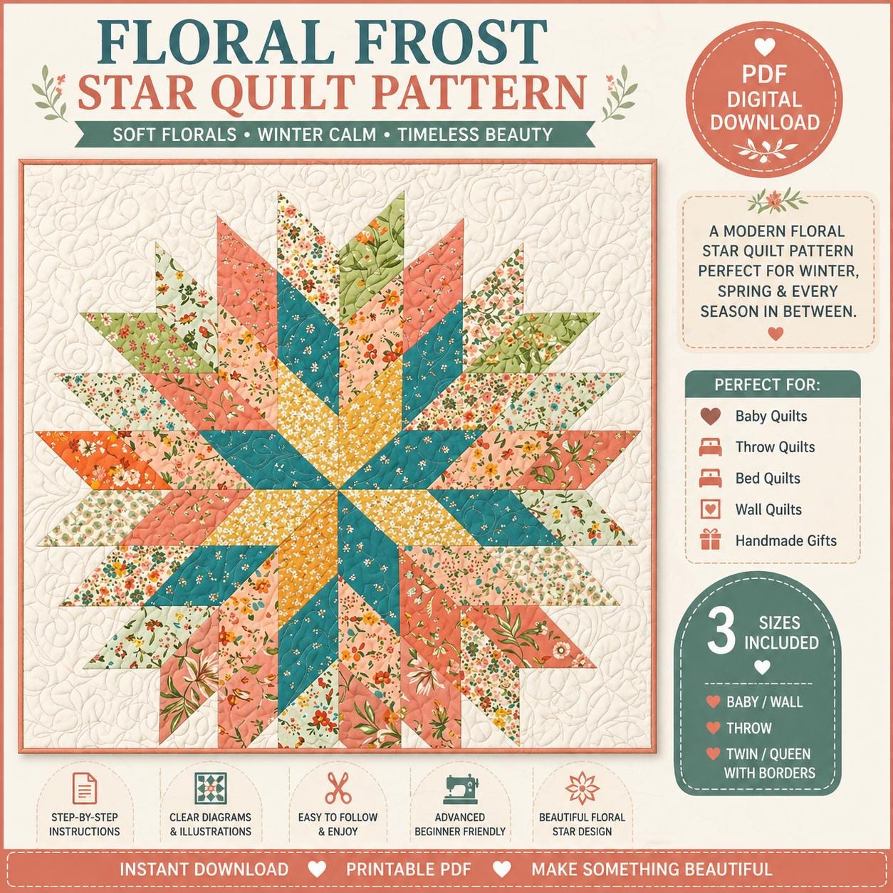 Floral Star Quilt Pattern – Modern Frost Quilt Design - Winter Quilting , Step-by-Step Sewing (Digital Download) - Image 10