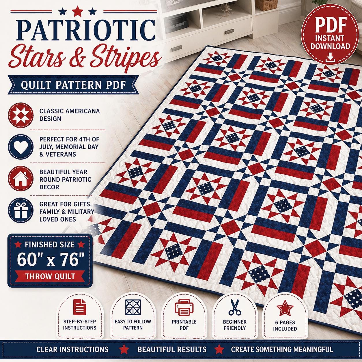 Patriotic Liberty Stars & Stripes Quilt Pattern, Americana Throw Quilt, Red White Blue (PDF Download) - Image 2