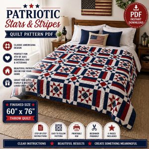 Patriotic Liberty Stars & Stripes Quilt Pattern, Americana Throw Quilt, Red White Blue (PDF Download)