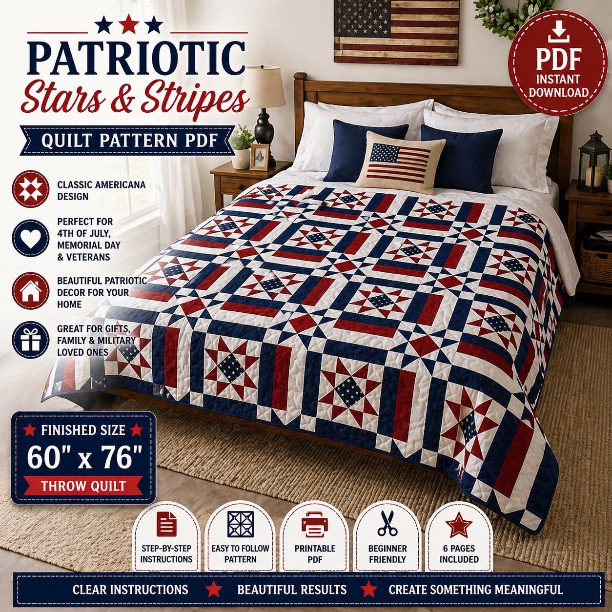 Patriotic Liberty Stars & Stripes Quilt Pattern, Americana Throw Quilt, Red White Blue (PDF Download)