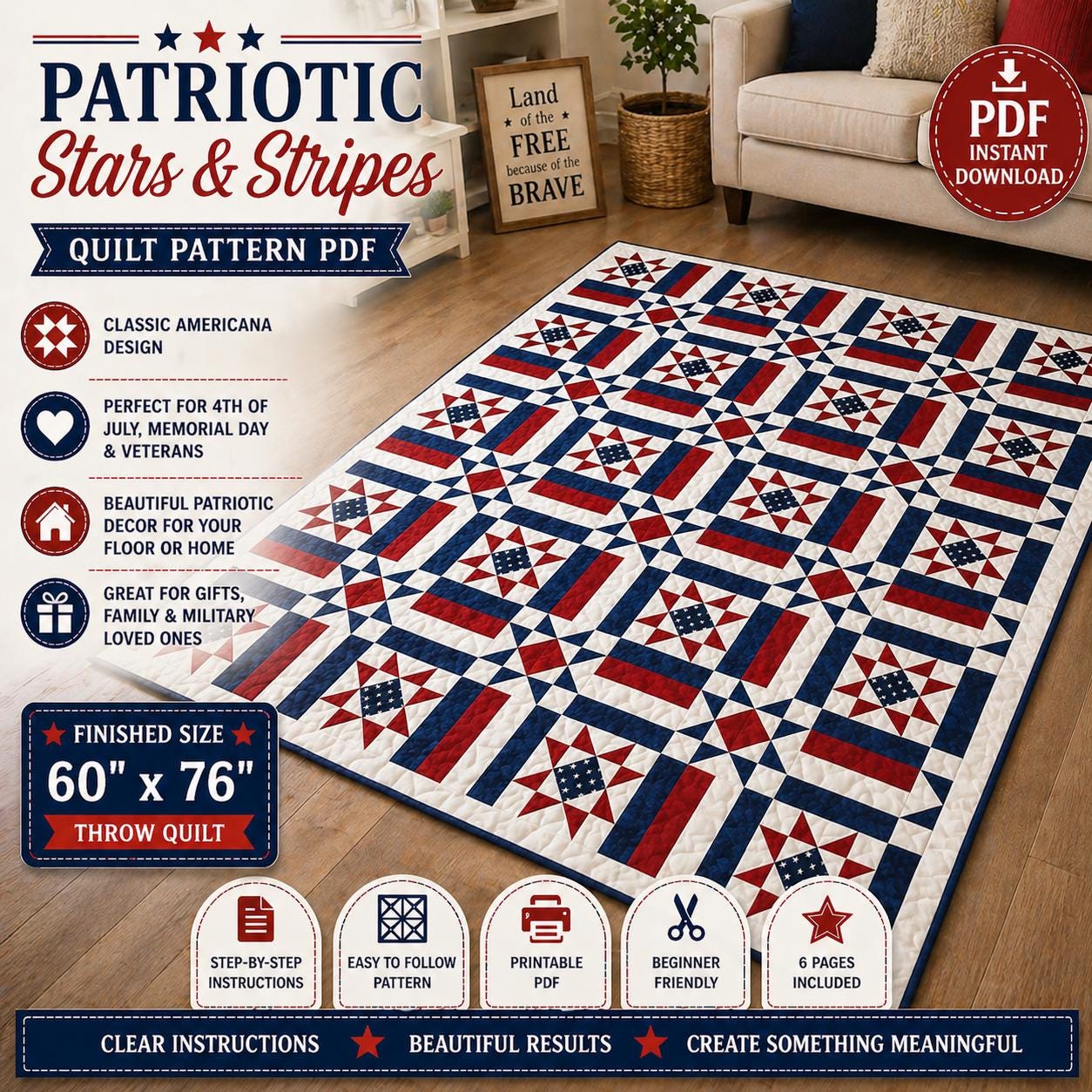 Patriotic Liberty Stars & Stripes Quilt Pattern, Americana Throw Quilt, Red White Blue (PDF Download) - Image 4