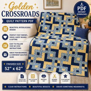 Golden Crossroads Quilt Pattern, Beginner Patchwork Throw (PDF Download)