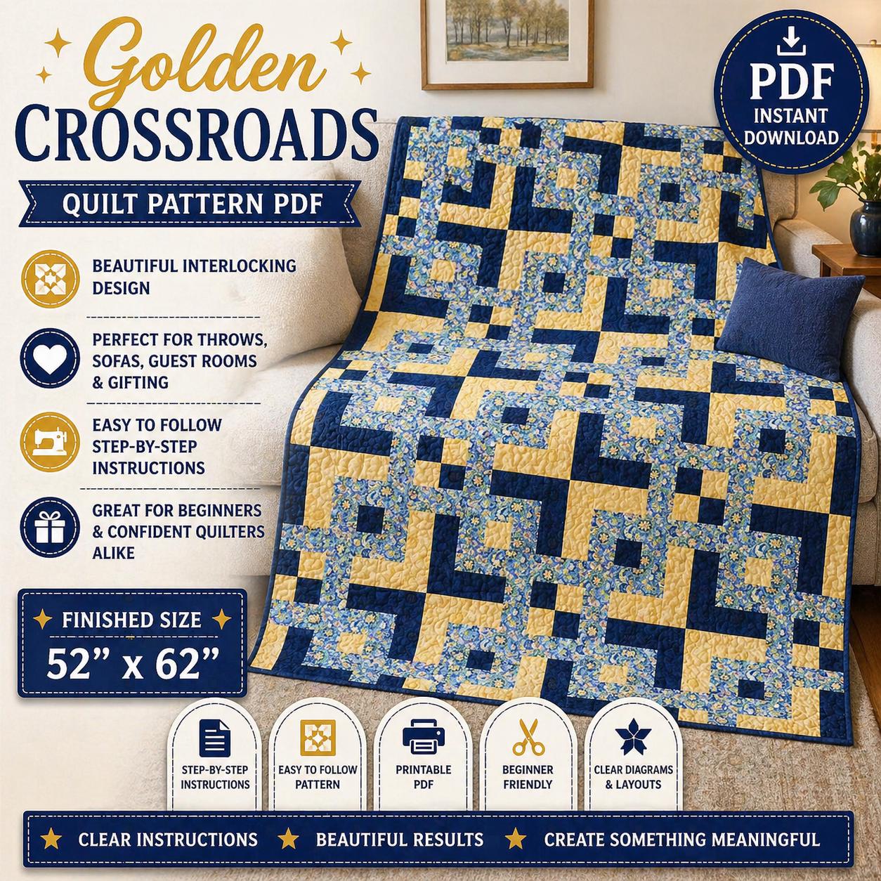 Golden Crossroads Quilt Pattern, Beginner Patchwork Throw (PDF Download) - Image 2