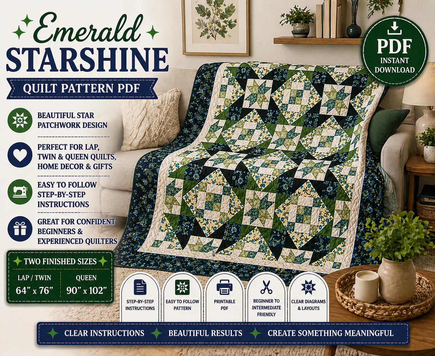 Emerald Starshine Quilt Pattern, Patchwork Design, Lap Queen Sizes (Digital Download) - Image 2