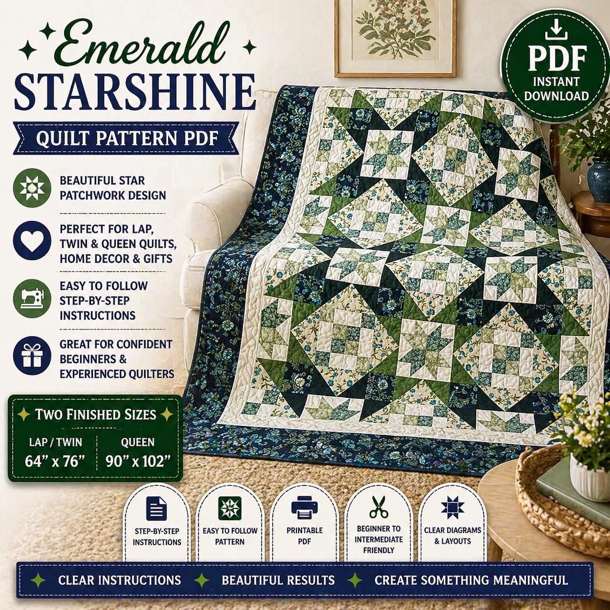 Emerald Starshine Quilt Pattern, Patchwork Design, Lap Queen Sizes (Digital Download) - Image 5