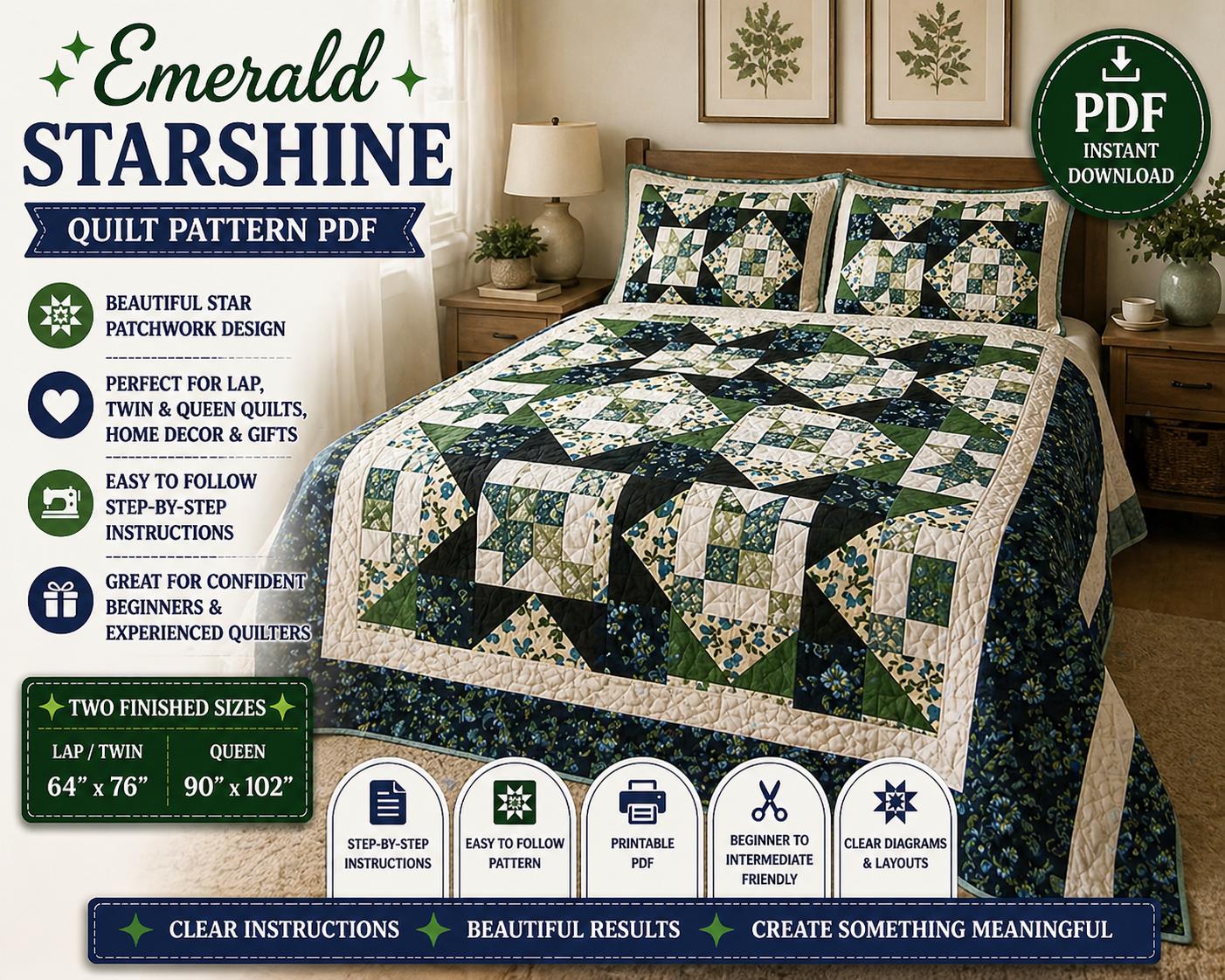 Emerald Starshine Quilt Pattern, Patchwork Design, Lap Queen Sizes (Digital Download) - Image 3