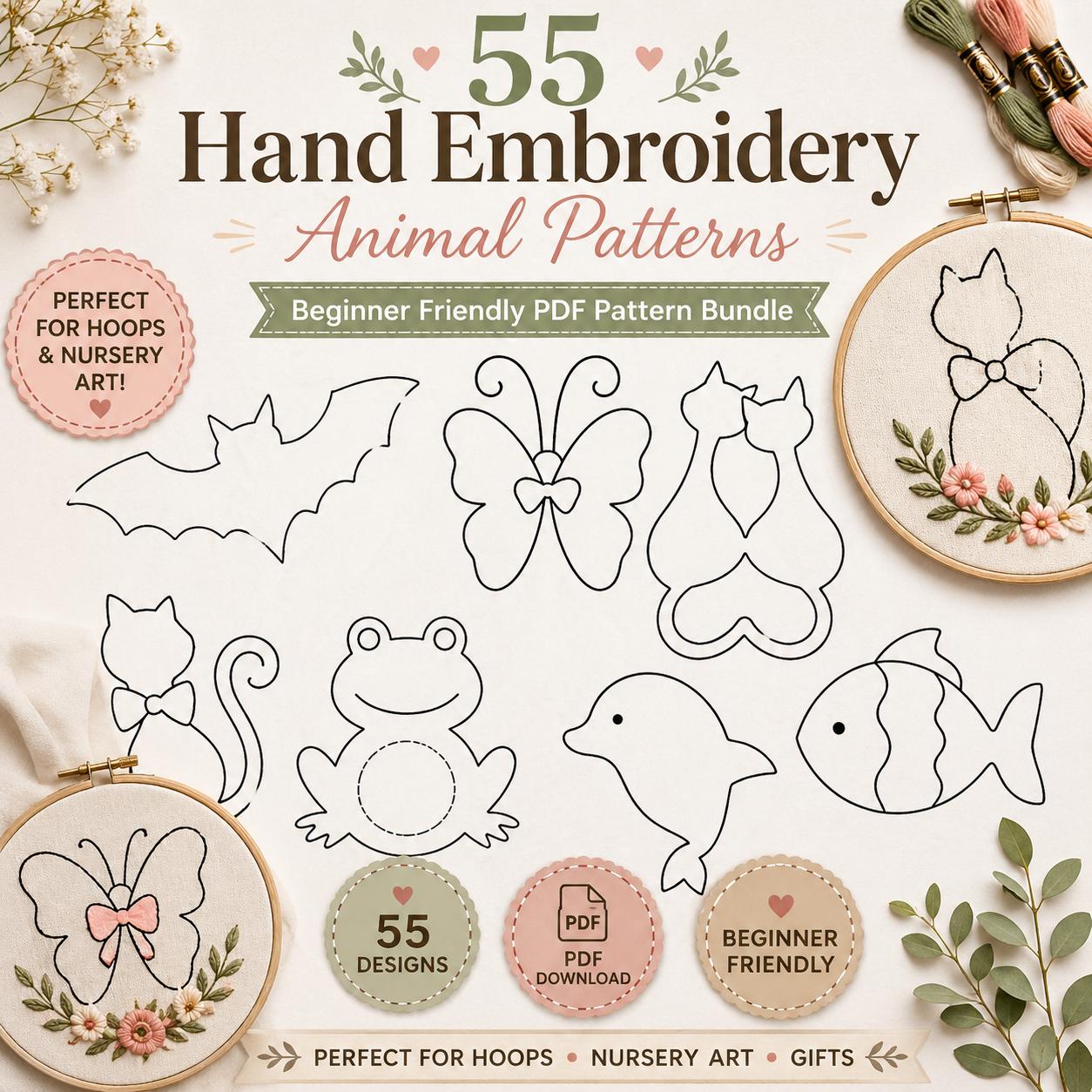 55 Hand Embroidery Animal Patterns, Beginner Outline Templates | Nursery Hoop Art Designs (Digital Download)