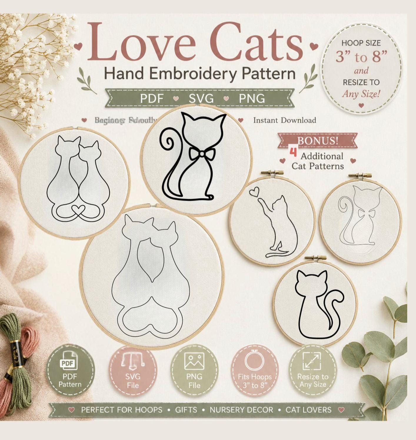 Love Cats Hand Embroidery Pattern Bundle, Minimalist Cat Design | Beginner Hoop Art (PDF Download) - Image 3