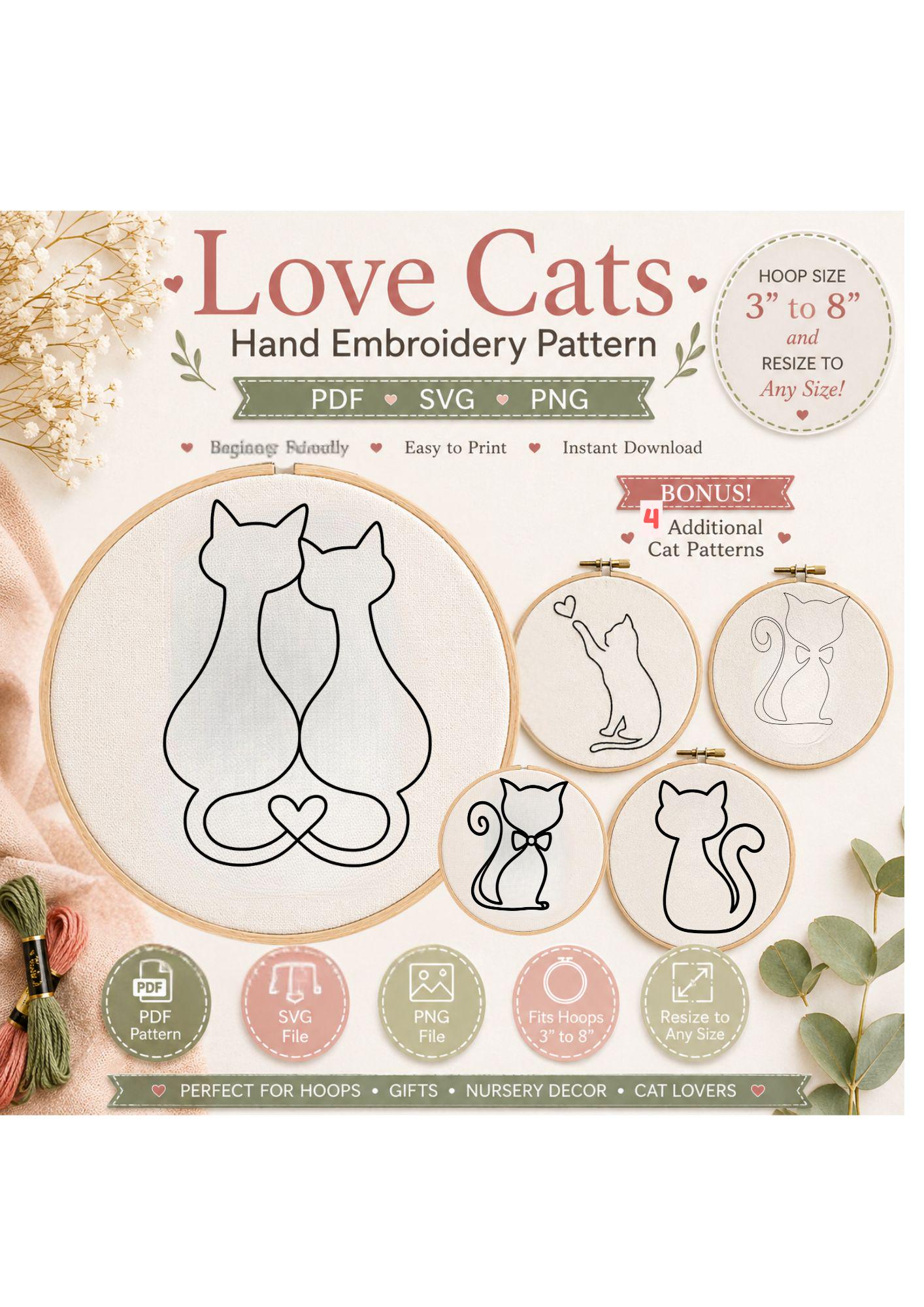 Love Cats Hand Embroidery Pattern Bundle, Minimalist Cat Design | Beginner Hoop Art (PDF Download) - Image 2