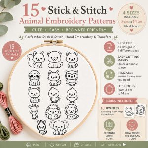15 Stick and Stitch Animal Embroidery Patterns, Beginner Hand Embroidery PDF Designs