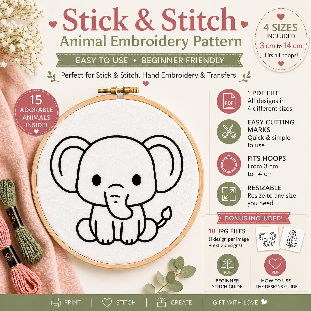 15 Stick and Stitch Animal Embroidery Patterns, Beginner Hand Embroidery PDF Designs - Image 6