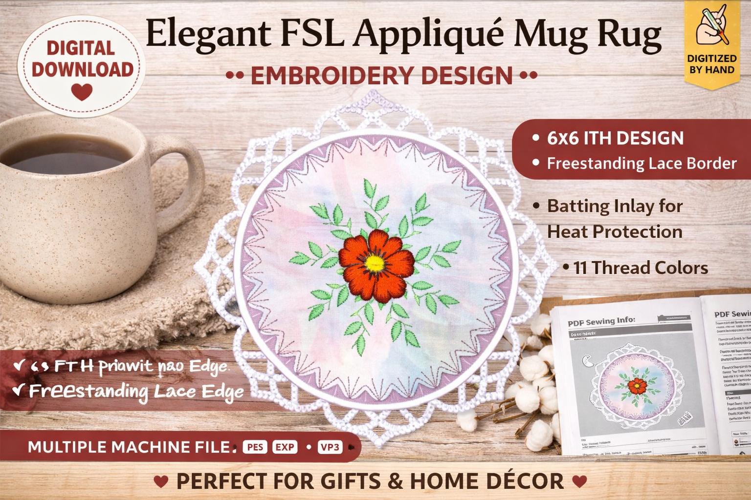 Elegant FSL Appliqué Mug Rug Embroidery Design: Floral Center, ITH Coaster (Digital Download) - Image 2