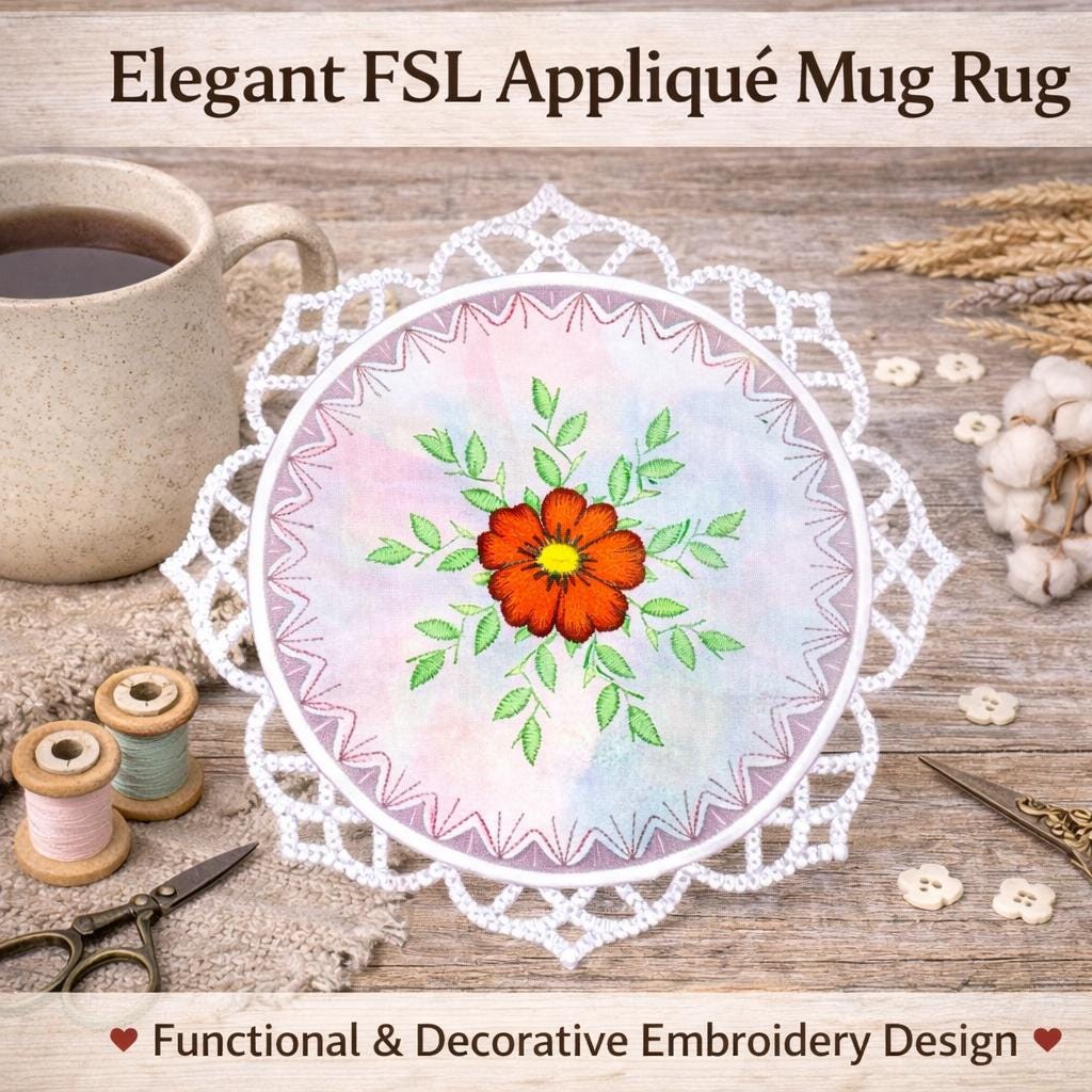 Elegant FSL Appliqué Mug Rug Embroidery Design: Floral Center, ITH Coaster (Digital Download)
