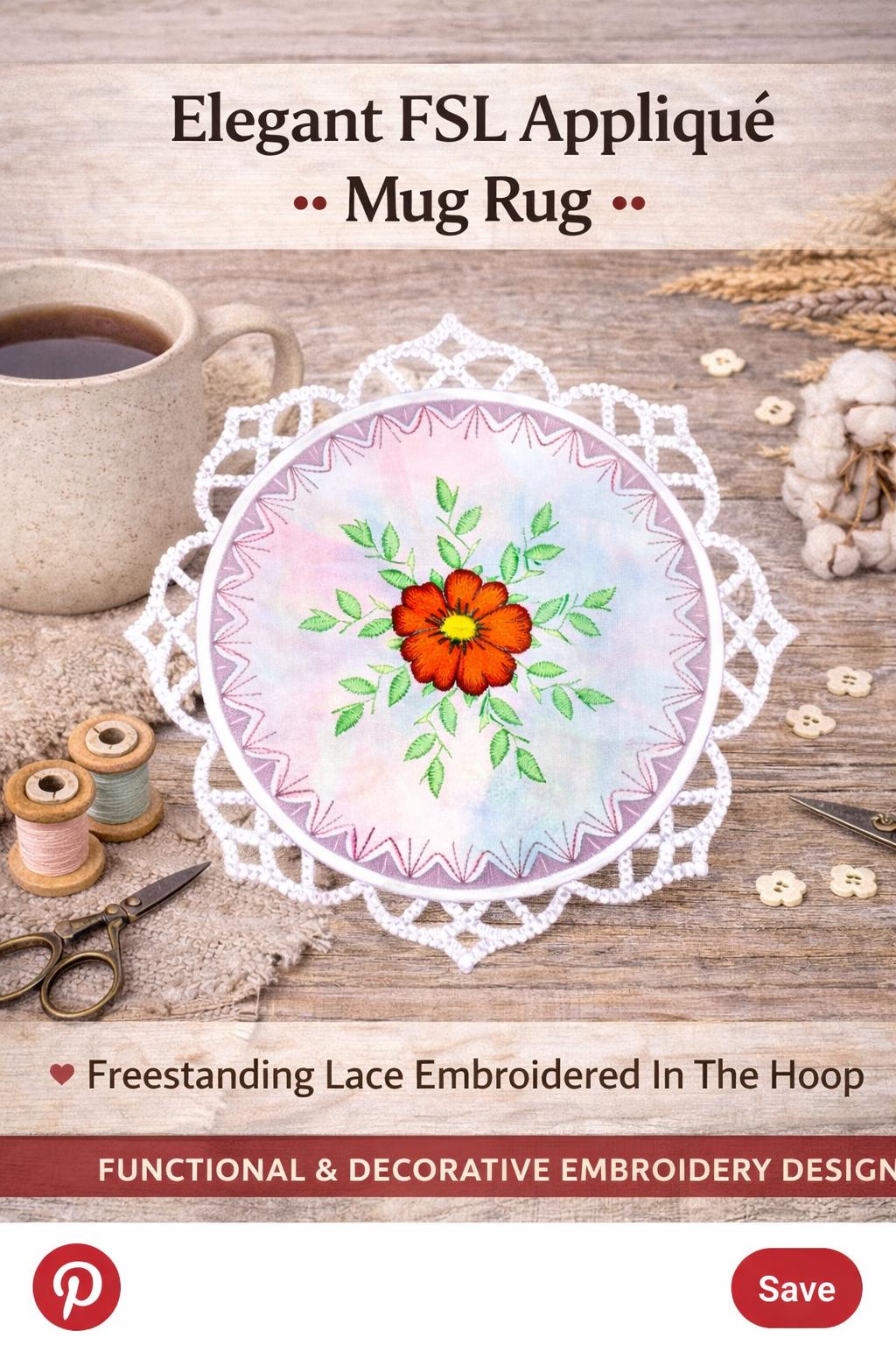 Elegant FSL Appliqué Mug Rug Embroidery Design: Floral Center, ITH Coaster (Digital Download) - Image 3