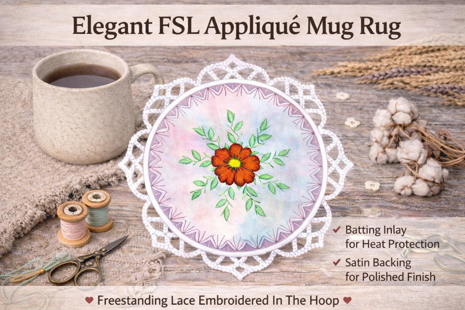 Elegant FSL Appliqué Mug Rug Embroidery Design: Floral Center, ITH Coaster (Digital Download) - Image 5