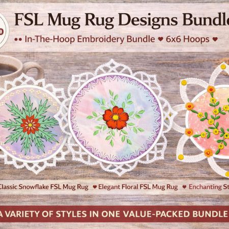FSL Mug Rug Embroidery Designs Bundle | 3 ITH 6x6 | In-The-Hoop Lace Coasters (Digital Download)
