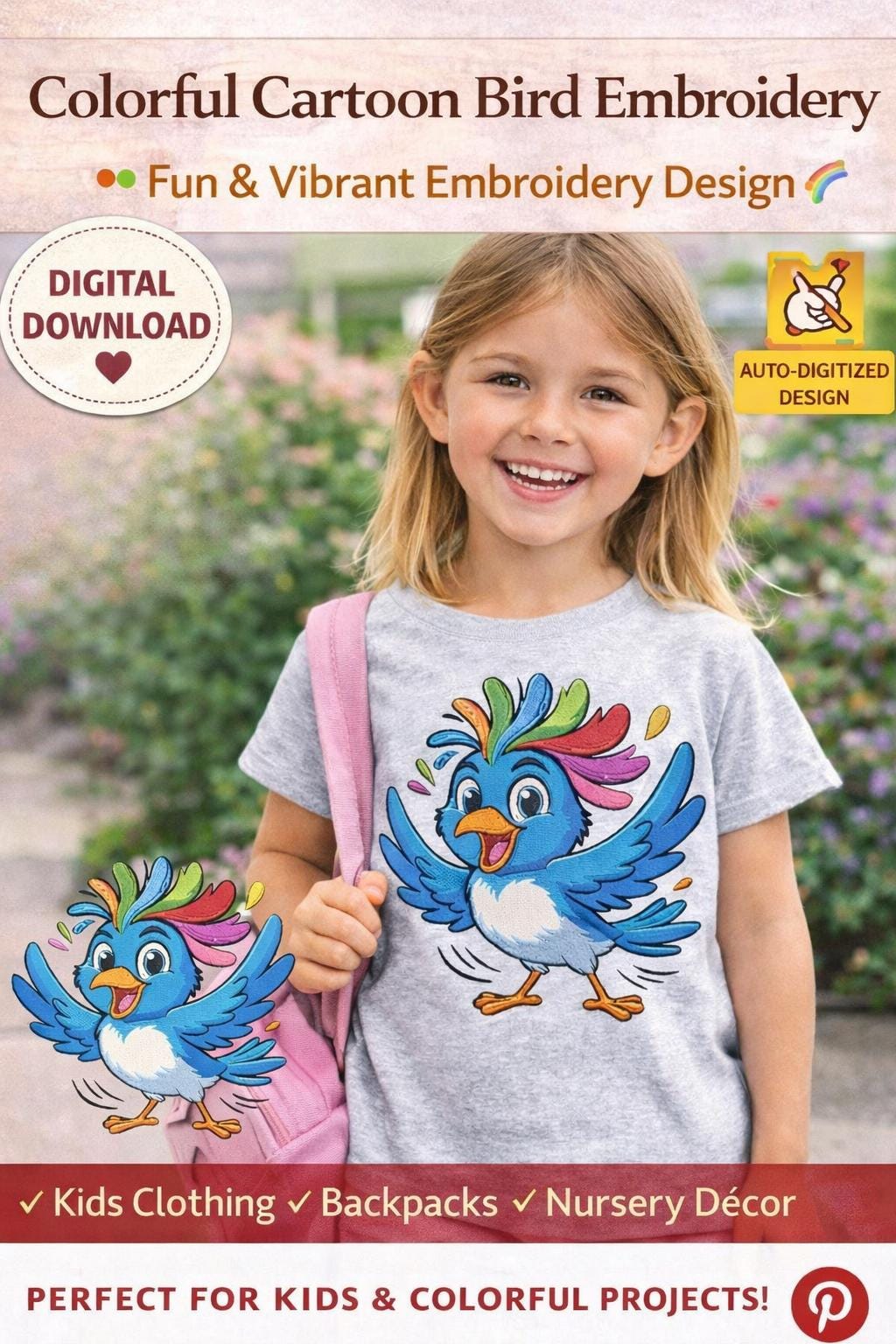 Cartoon Rainbow Bird Embroidery Design: Kids, Nursery Decor (Digital Download) - Image 6