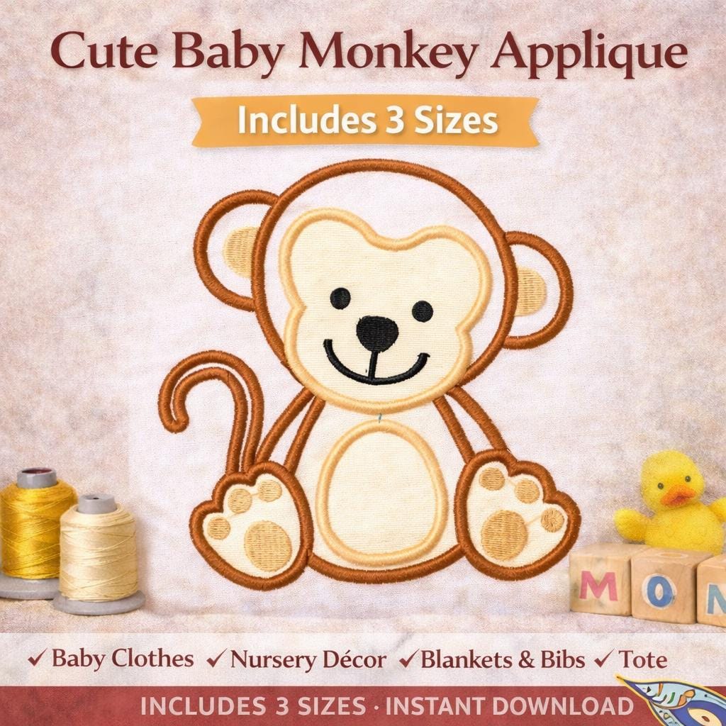 Baby Monkey Appliqué Embroidery Design: Kid-Friendly, 3 Sizes | Machine Files (Digital Download) - Image 2