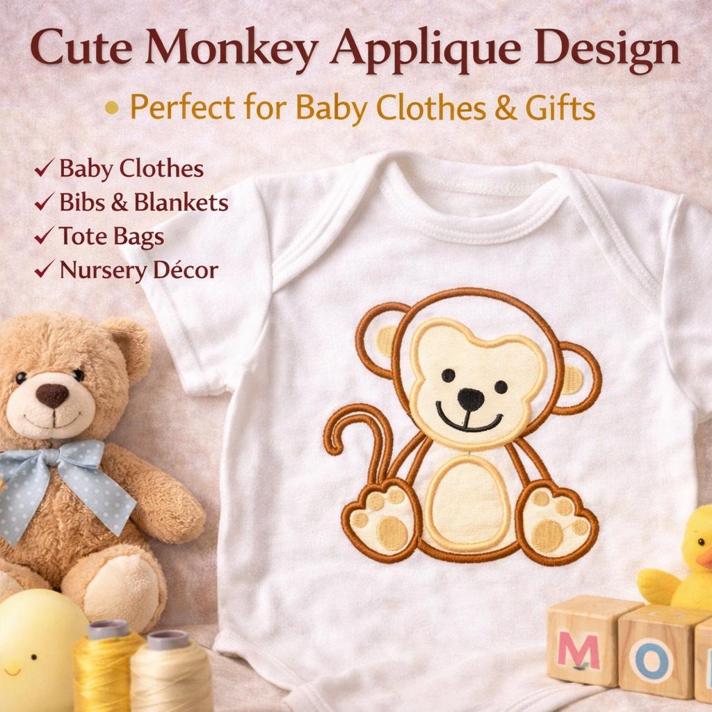 Baby Monkey Appliqué Embroidery Design: Kid-Friendly, 3 Sizes | Machine Files (Digital Download) - Image 3