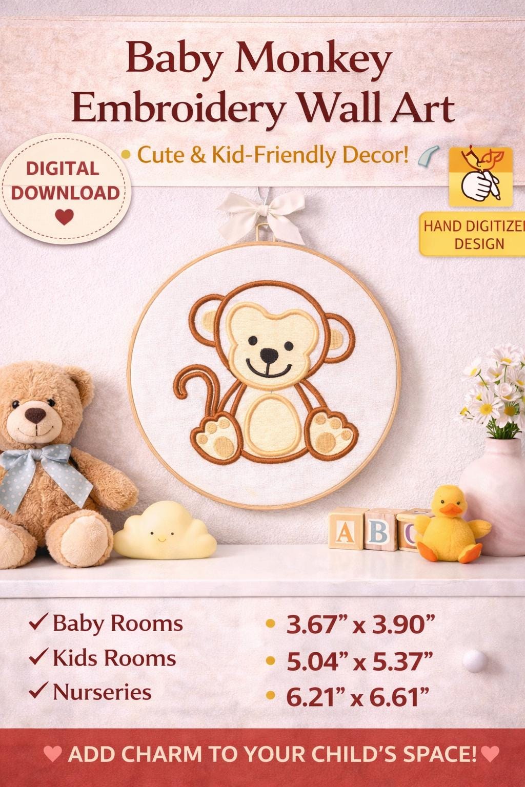 Baby Monkey Appliqué Embroidery Design: Kid-Friendly, 3 Sizes | Machine Files (Digital Download) - Image 6