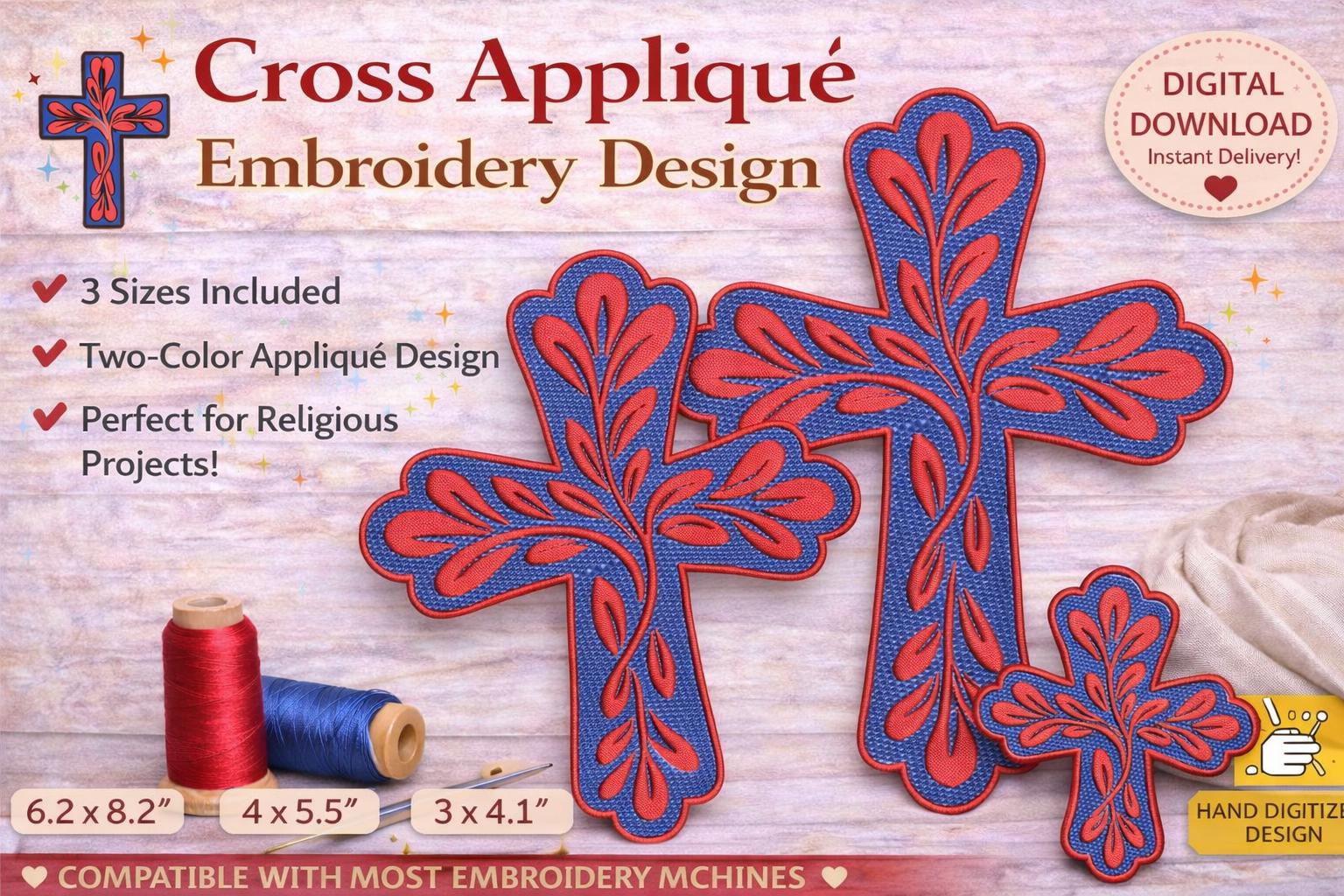 Appliqué Cross Embroidery Design: Leaf Pattern, Religious Machine File | 3 sizes (Digital Download) - Image 3