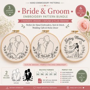 Bride Groom Hand Embroidery Pattern Bundle, Wedding Silhouette SVG Designs (Digital Download)