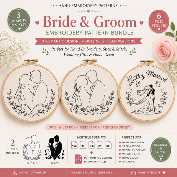 Bride Groom Hand Embroidery Pattern Bundle, Wedding Silhouette SVG Designs (Digital Download)