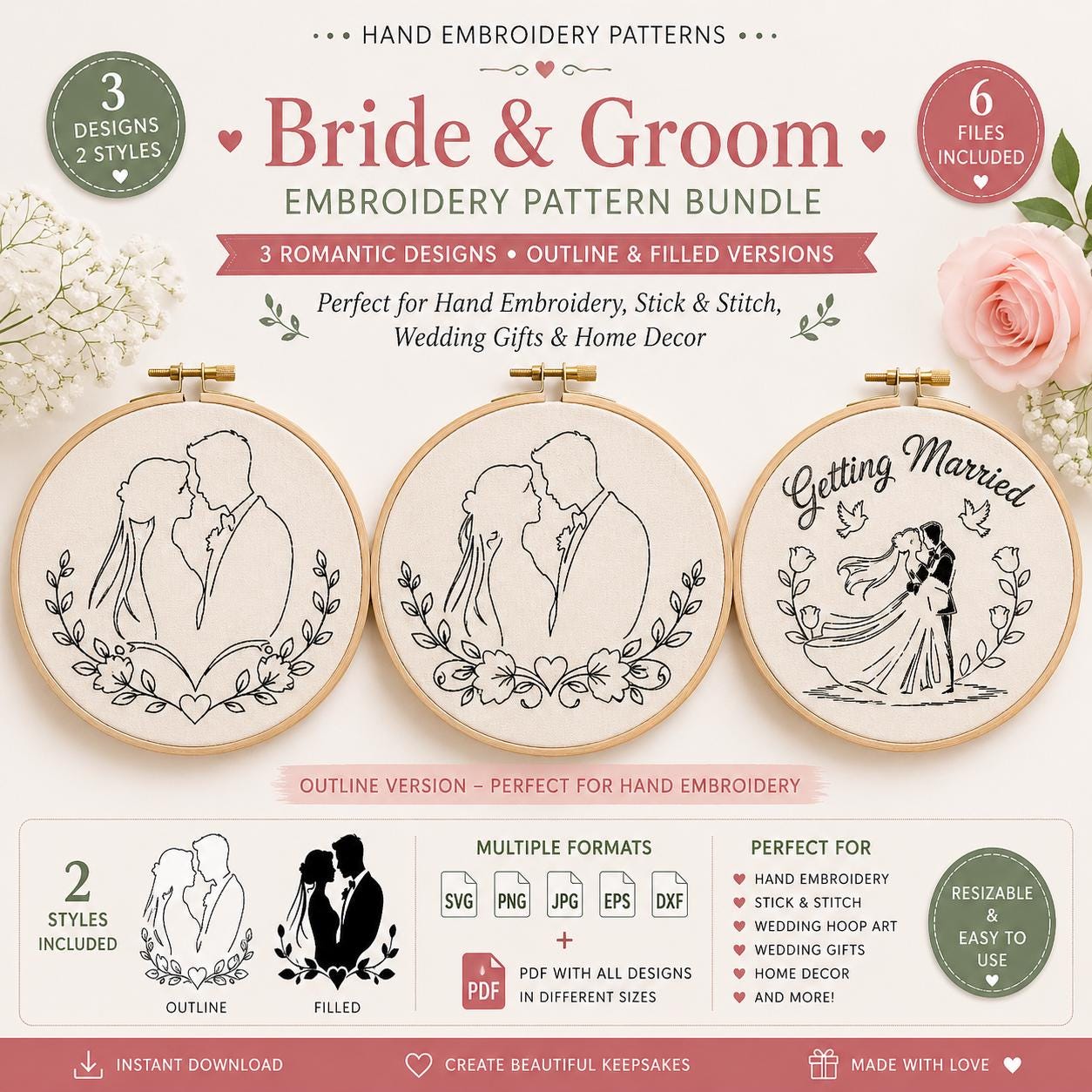 Bride Groom Hand Embroidery Pattern Bundle, Wedding Silhouette SVG Designs (Digital Download) - Image 7