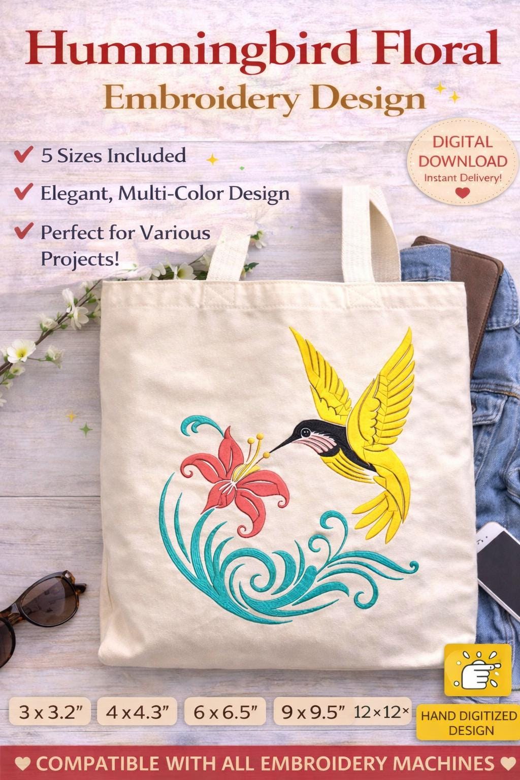 Hummingbird Floral Embroidery Design: Tropical Bird & Flower Machine File (5 Sizes) | digital Download - Image 7