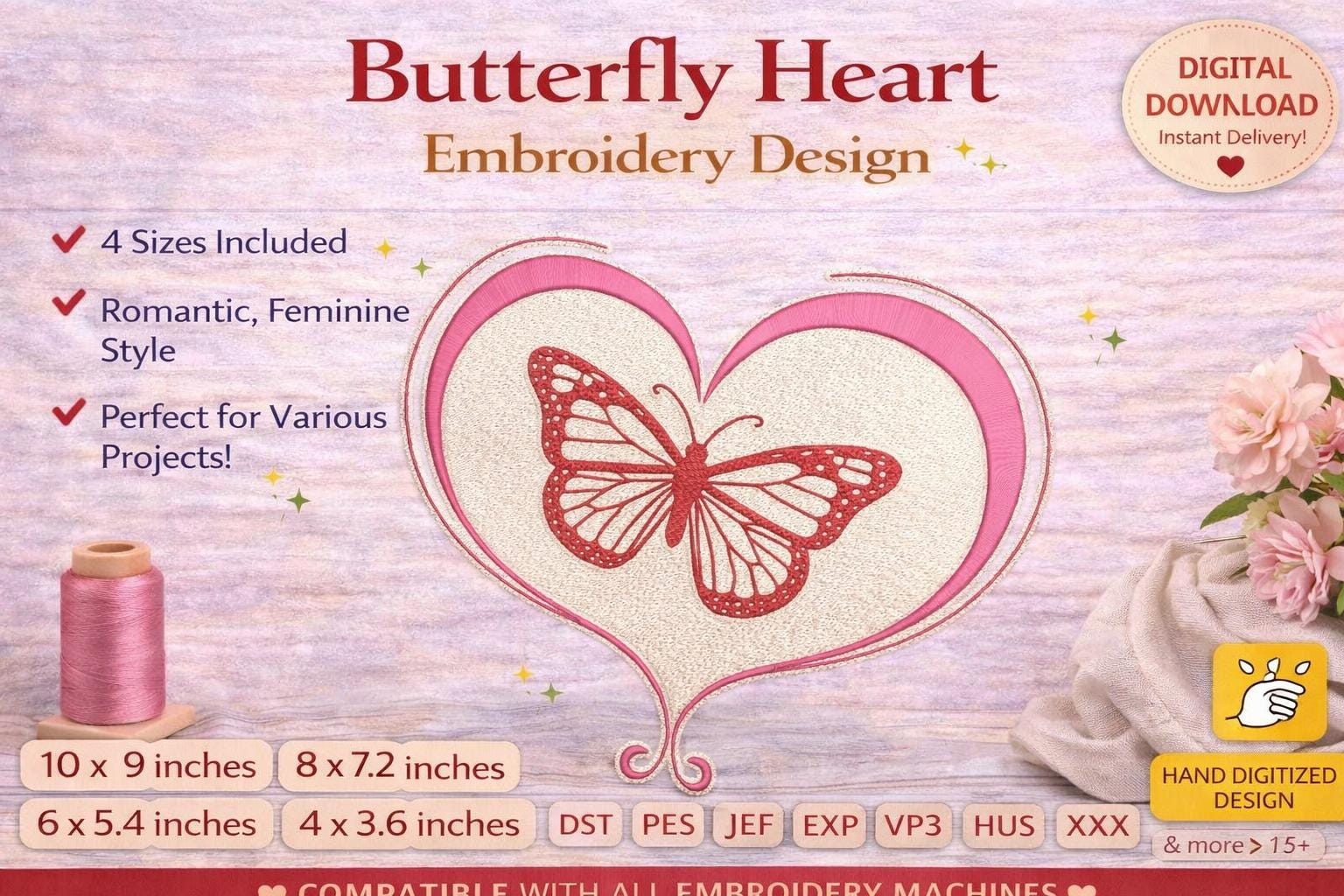 Romantic Butterfly Heart Embroidery machine files Design (Digital Download) – 4 Sizes - Digital download - Image 2