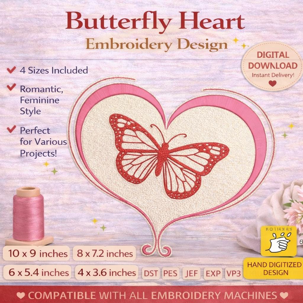 Romantic Butterfly Heart Embroidery machine files Design (Digital Download) – 4 Sizes - Digital download - Image 6