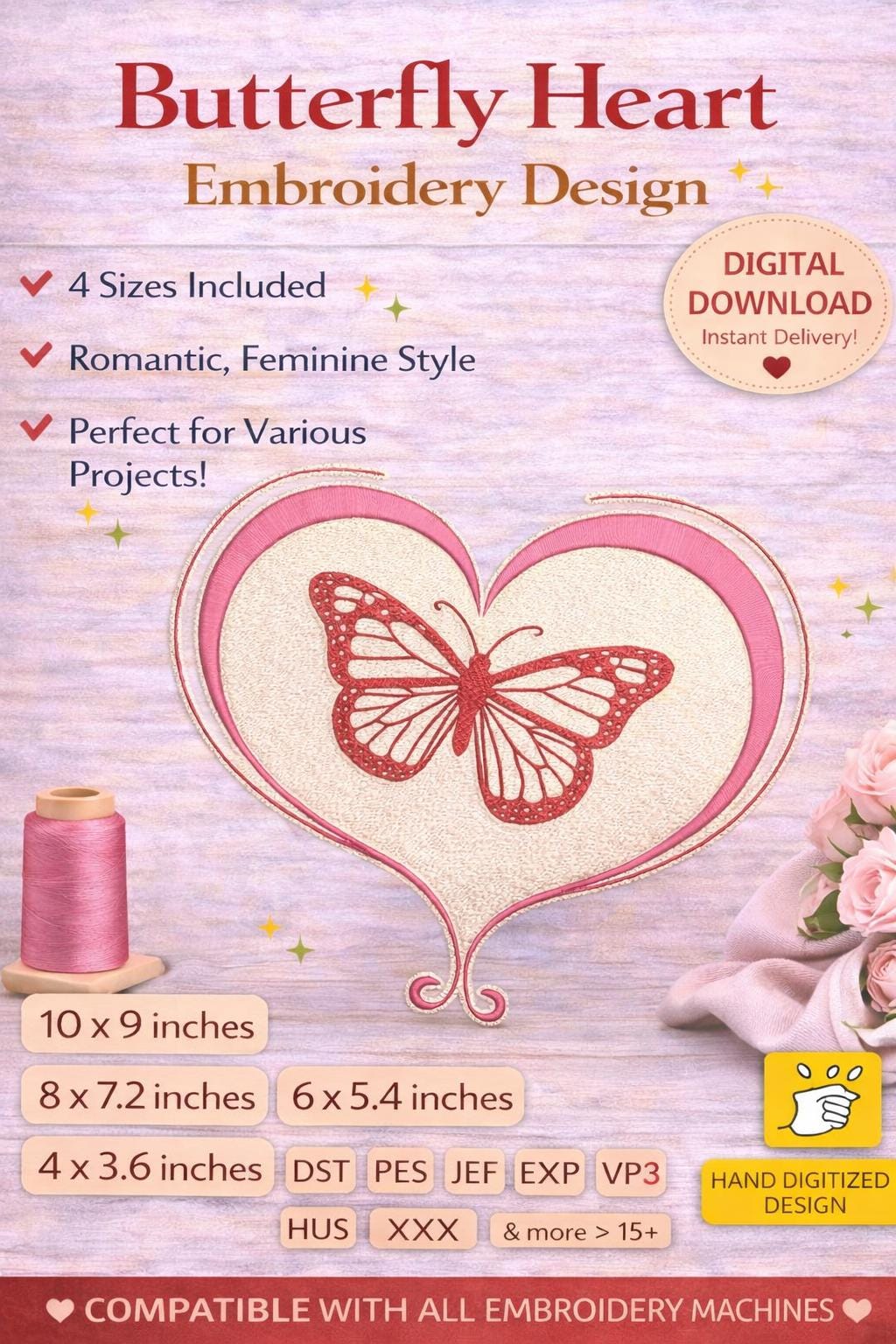 Romantic Butterfly Heart Embroidery machine files Design (Digital Download) – 4 Sizes - Digital download - Image 5