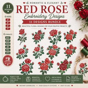 11 Romantic Red Rose Embroidery Designs Bundle, Floral Machine Files (Digital Download)