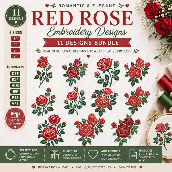 11 Romantic Red Rose Embroidery Designs Bundle, Floral Machine Files (Digital Download)