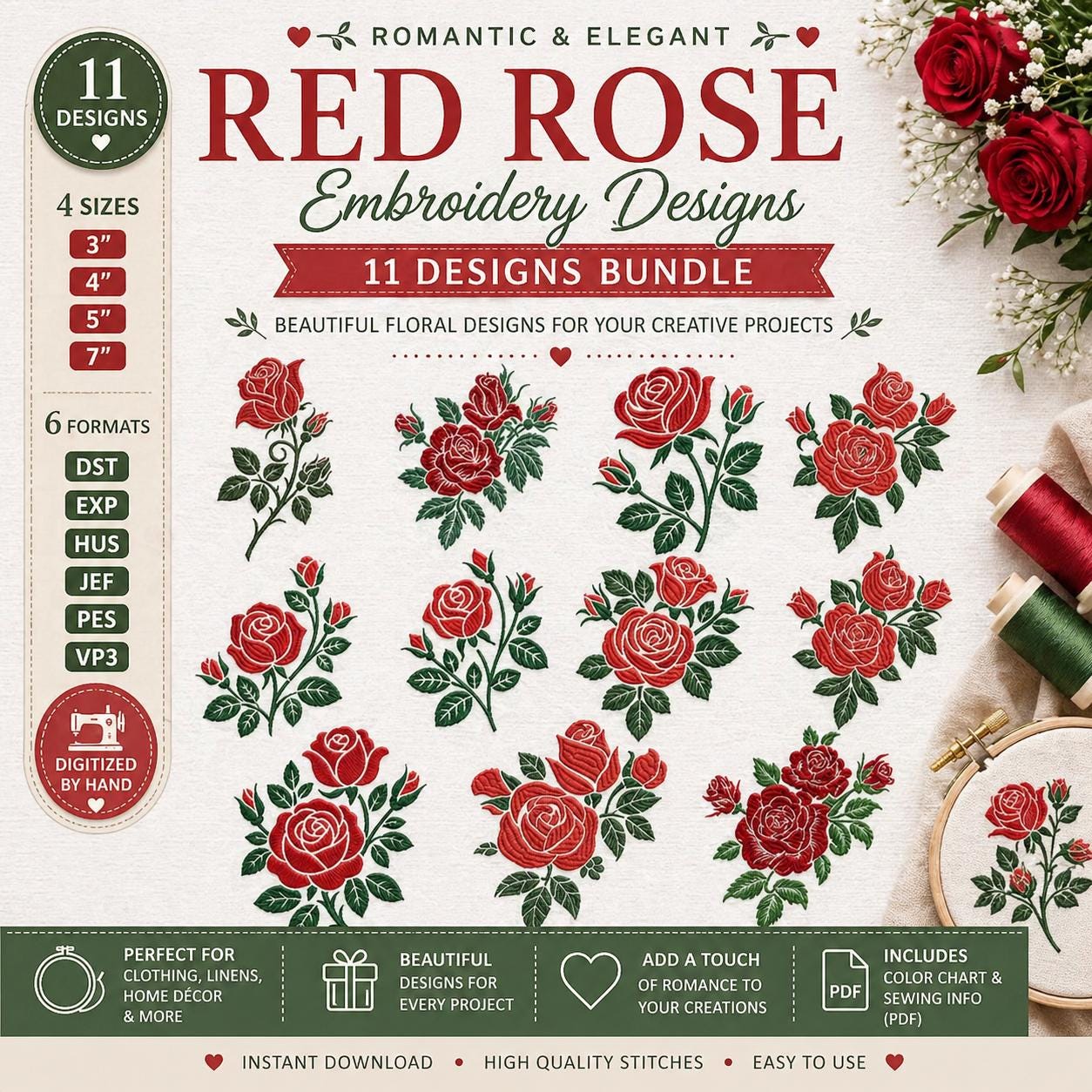 11 Romantic Red Rose Embroidery Designs Bundle, Floral Machine Files (Digital Download)