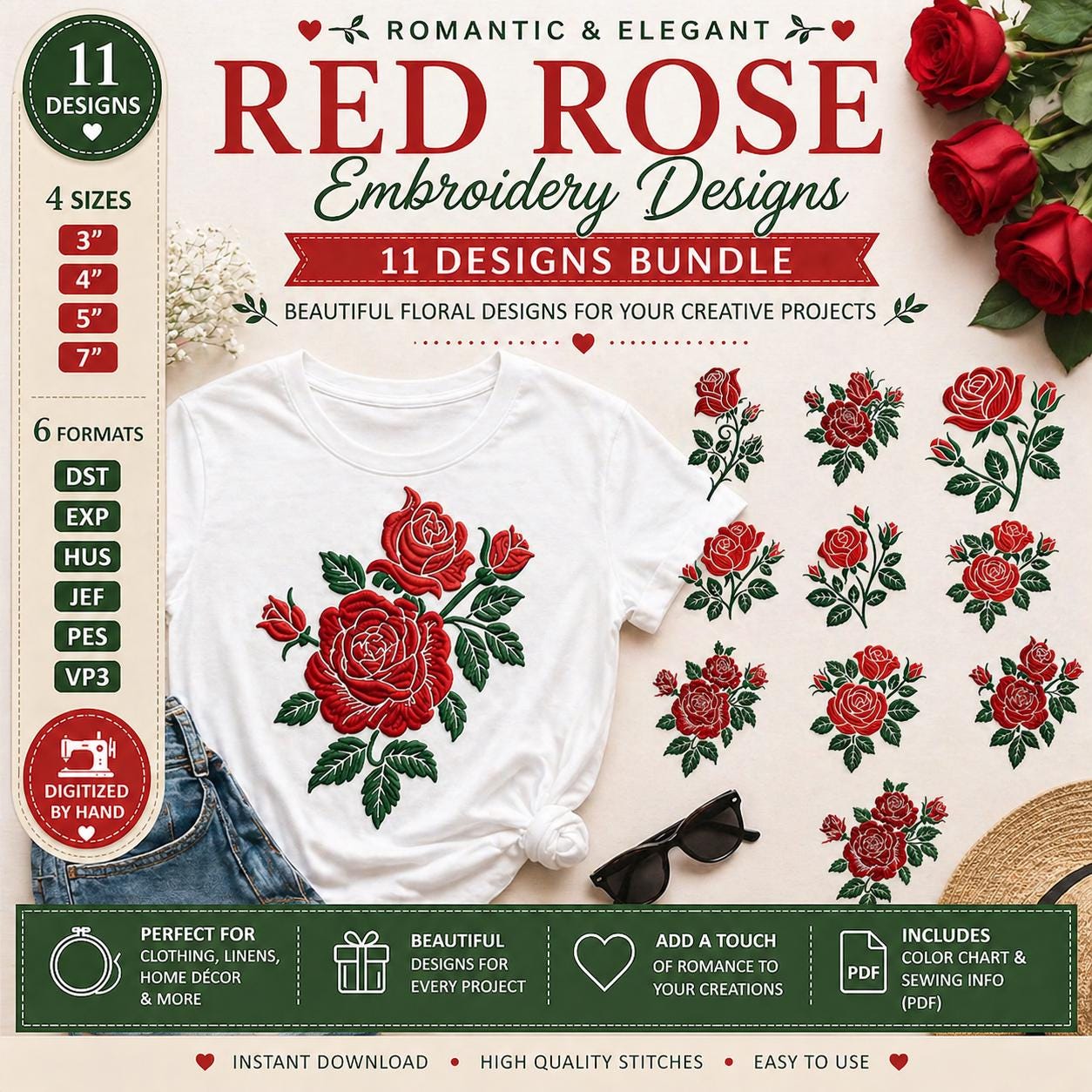 11 Romantic Red Rose Embroidery Designs Bundle, Floral Machine Files (Digital Download) - Image 4